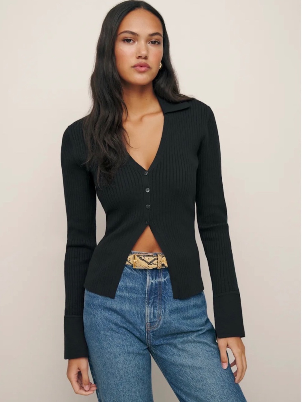 Reformation Valentina Ribbed Open Cardigan Black - Size XS